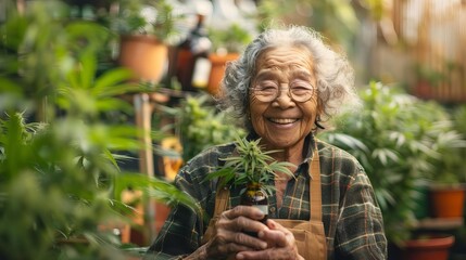 1 Senior citizen smiling while holding a cannabis tincture bottle Elderly care