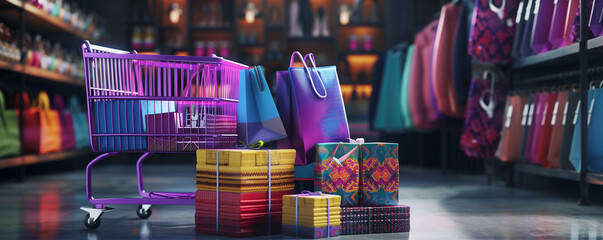 Chariot de courses et sacs colorés dans un magasin moderne avant ouverture. Achat en ligne, site internet, vente par correspondance, commande, soldes