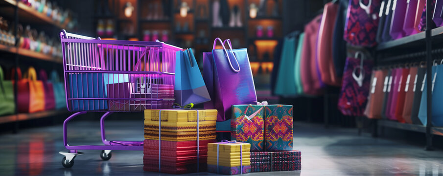 Chariot de courses et sacs color&eacute;s dans un magasin moderne avant ouverture. Achat en ligne, site internet, vente par correspondance, commande, soldes