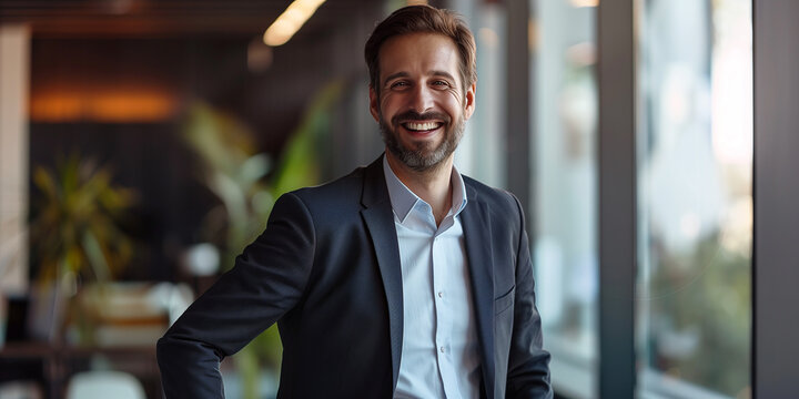 Manabger steht im B&uuml;ro und freut sich &uuml;ber sein Gesch&auml;ftsergebnis.