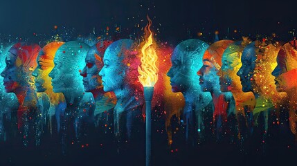 An illustration of a torch with flames shaped like diverse faces, representing the guiding light of democracy.