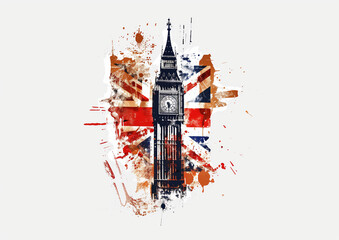 Big Ben devant le drapeau de la Grande Bretagne dans un style grunge, sur fond blanc, crème  - Représentation de la Grande Bretagne, le Royaume Uni, l'Angleterre