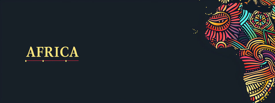 texte "Africa" en jaune soulign&eacute; de rouge, avec le contour d'une carte de l'Afrique faite de motifs traditionnels africains et avec des couleurs traditionnelles dans l'art africain. Fond noir banni&egrave;re