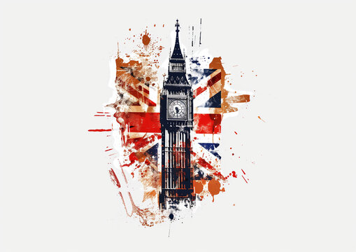 Big Ben devant le drapeau de la Grande Bretagne dans un style grunge, sur fond blanc, cr&egrave;me  - Repr&eacute;sentation de la Grande Bretagne, le Royaume Uni, l'Angleterre