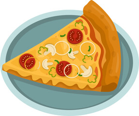 Vegetarian Pizza. Vector illustration of italian pizza. Pizza with mushroom, basil, tomato, onion, peppers and cheese