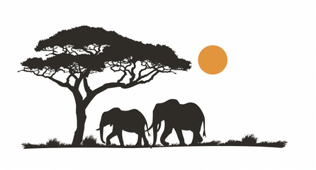 lever de soleil dans la savane, 2 éléphants sous un acacia avec un soleil orange qui se lève dans le ciel Sur fond blanc avec espace négatif copyspace