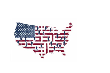 Difficulté avec l'administration américaine, carte des USA avec le drapeau américain, en forme de labyrinthe, avec des personnes tentant de sortir du labyrinthe. illustration sur fond blanc copyspace