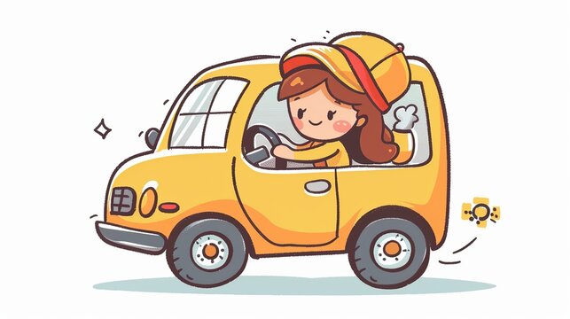 Cartoon hand drawing of a boy driving a car isolated on a white background.