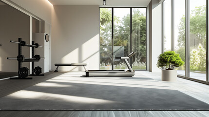 In the sunlight, a luxurious home gym with clean walls, featuring simple exercise equipment. In the center, a large plain gray carpet, devoid of any adornments, with ample natural light, spacious and 
