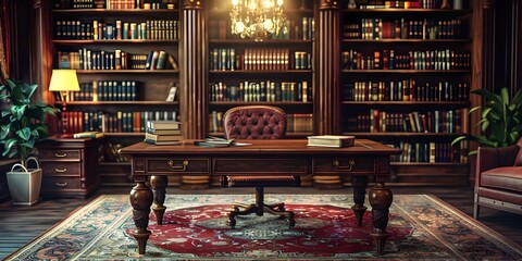 Elegant Vintage Library Table with Lavish Mahogany Furnishings and Cozy Atmosphere for Exclusive...