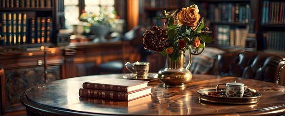 Vintage Mahogany Library Table with Antique Books and Warm Lighting for Product Showcase