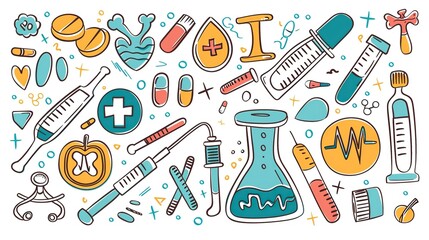 Drawing of medical supplies and equipment in hand drawn style. The drawing is of a medical theme and conveys a sense of care and compassion isolated on white background.