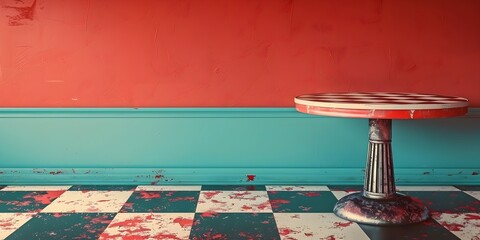 Classic Diner Table with Vibrant Checkered Pattern for Retro Themed Product Placement and Concept Display