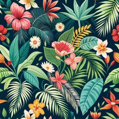 Seamless pattern of tropical foliage and exotic flowers, evoking the lush beauty of a tropical paradise, Generative AI
