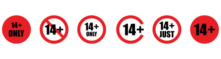 14 plus sign set. Fourteen. For adults only. Age restrictions, censorship, parental control. Icon for content, movies and toys.