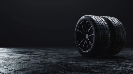 Car tires on black background with copy space. Seasonal replacement of tires. Car care concert