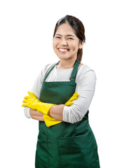 Asian housekeeper wear gloves apron isolated on white