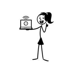standing stick figure holding laptop in hand with thumbs up