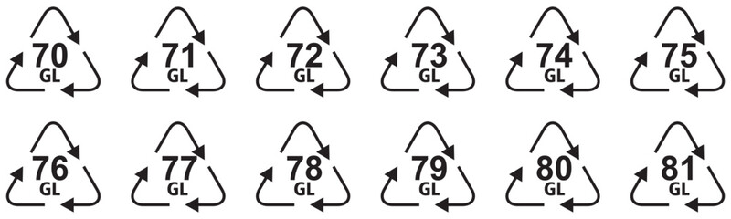 Glass recycling codes icons. Triangular environmental symbols of materials. Set of elements on a white background.
