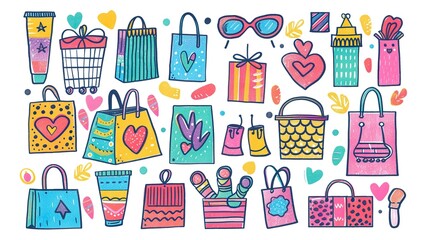 Colorful drawing of online shopping doodle elements isolated on white background.
