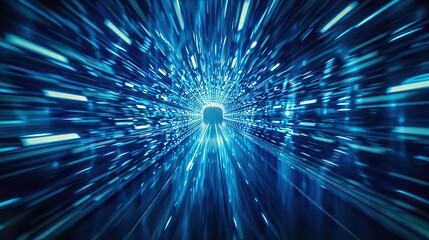Fototapeta premium Blue light with tunnel in the middle for internet connection speed and digital data transmission concept.