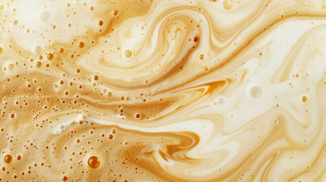 Close up abstract brown caramel shapes latte art in coffee. Liquid texture coffee background macro. Cappuccino and milk foam close up view.
