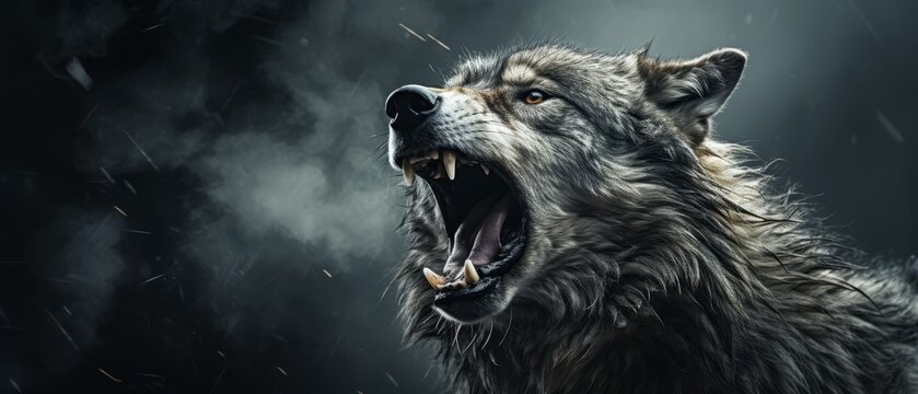 Fierce wolf on grey background, strong contrast, space for text
