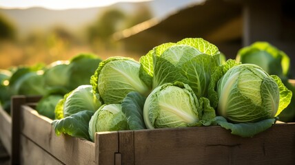 Freshly harvested cabbages in a wooden crate, farm setting, soft light, copy space,