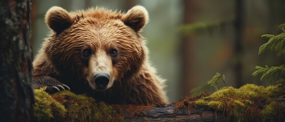 Obraz premium Worried bear on forest background, natural tones, space for text
