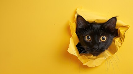 Funny black cat looks through ripped hole in yellow paper. Naughty pets and mischievous domestic...