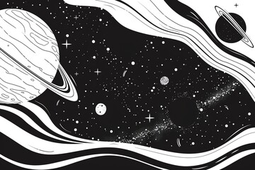 Planetary system flat design side view theme cosmic exploration cartoon drawing Black and white