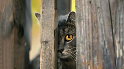 Playful grey purebred cat peeking out.