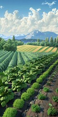 Fototapeta premium Craft a digital artwork showcasing a Polyculture farming landscape from the front, highlighting a variety of crops with precision