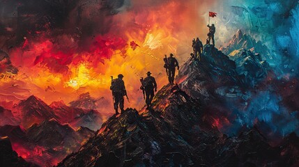 An abstract painting of people climbing a mountain with a flag at the top, symbolizing the struggle for and attainment of freedom.