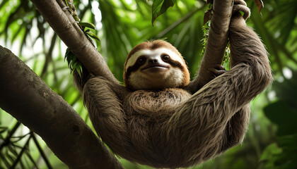 Naklejka premium Funny sloth hanging on tree branch, cute face look, perfect portrait of wild animal in the Rainforest of Costa Rica scratching the belly, Bradypus variegatus, brown-throated three-toed sloth, relaxed