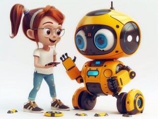 A cheerful girl interacting with a friendly robot, showcasing a playful and futuristic scenario of human-robot bonding.