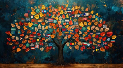 An illustration of a tree with leaves made of flags from various nations, symbolizing the universal value of democracy.