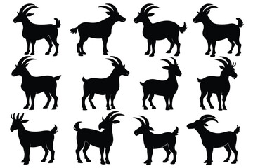 Set of Black Alpine Goat Silhouette Vector on a white background