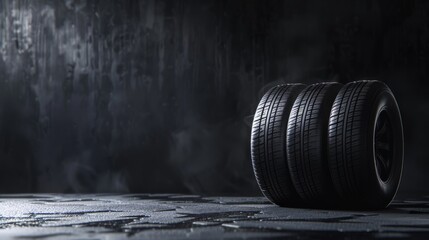 Three Car tires on black background with copy space. Seasonal replacement of tires. Car care concert