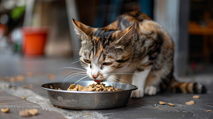 Cute Cat Eating on Floor at Home, Adorable Kitten Enjoying Mealtime in Cozy Indoor Setting,...