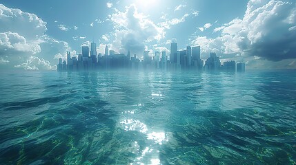A city submerged in water with skyscrapers barely above the surface conceptual illustration of the threat of rising sea levels to coastal cities.