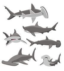 Cute Great Hammerhead Shark Poses Set Cartoon Vector