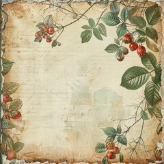 Floral background with rose hip leaves and berries, forest botanical scrapbook page in retro or vintage style, aged paper texture and natural colors, AI generated image