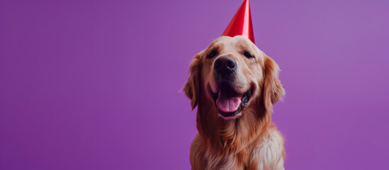 Golden Retriever Wearing a Red Party Hat Against a Solid Purple Background