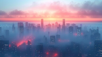 A city skyline blurred by thick smog conceptual illustration of urban air pollution and its health impacts due to climate change.