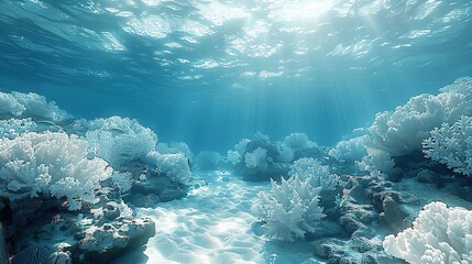A coral reef bleaching and turning white with lifeless marine creatures conceptual illustration of ocean warming and its devastating effects on coral ecosystems.