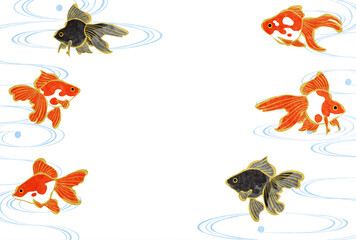 暑中見舞い、金魚、流水、和風、イラスト、かわいい、横