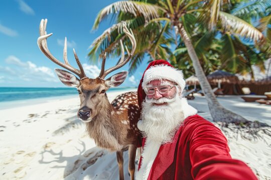 Santa Clause and his reindeers on a tropical exotic island, seacoast or beach landscape in the background, unusual funny Christmas photo for banner, article, advertisement, AI generated image - Powered by Adobe
