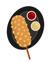 Corn Dog, Korean Street Food. Sausage in dough on a stick with and without condiments. American or Korean street food.  Korean style french fries corn dog (Gamja-hotdog).