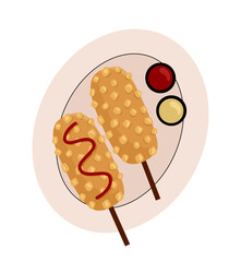 Corn Dog, Korean Street Food. Sausage in dough on a stick with and without condiments. American or Korean street food.  Korean style french fries corn dog (Gamja-hotdog).